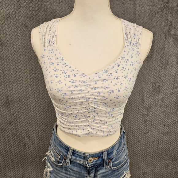 Hollister Tops - Hollister Womens Blue Floral Ditsy Ruched Cinched Front Crop Tank Top XS White